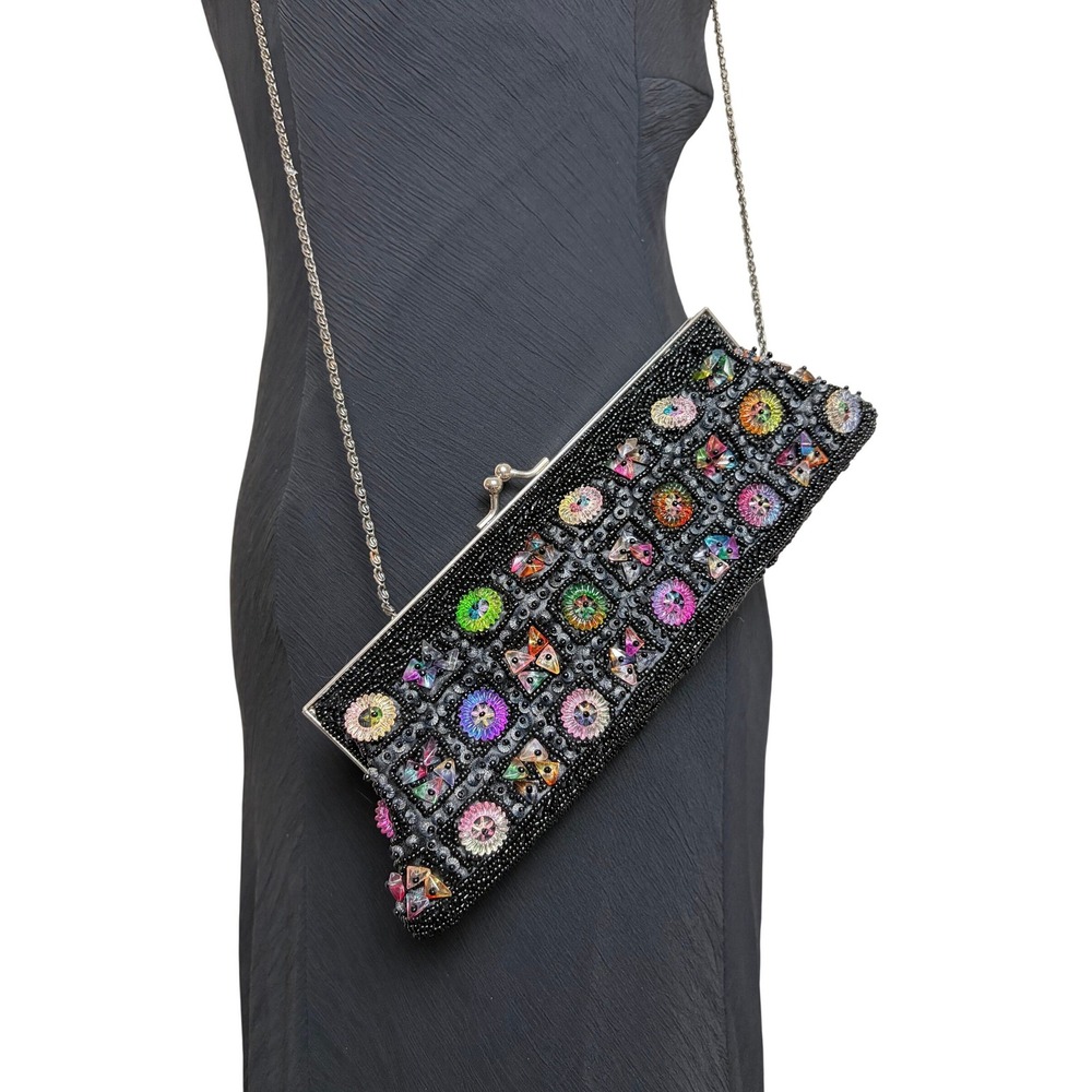 Vintage Black Beaded Evening Clutch Multicolor Gemstone Kiss Lock Shoulder Bag
